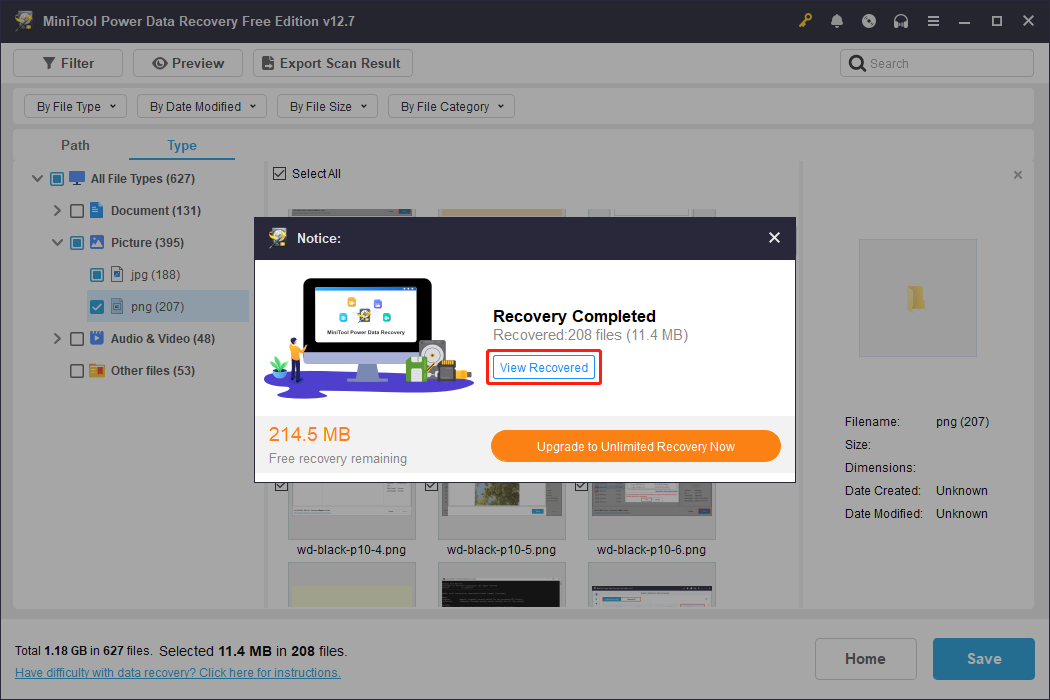 The Recovery Complete window in MiniTool Power Data Recovery showing the View Recovered button.