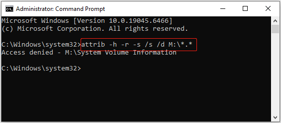 Command Prompt window showing how to execute the attrib command to unhide files on the M drive.