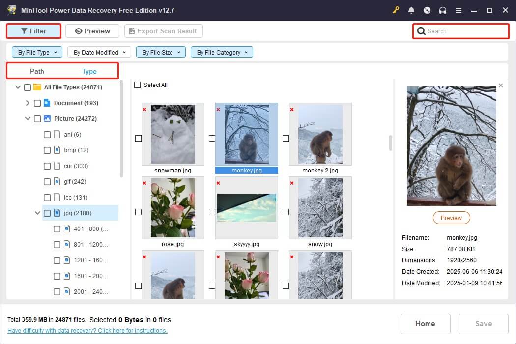 MiniTool Power Data Recovery interface with Path, Type, Filter, and Search features highlighted to locate files.