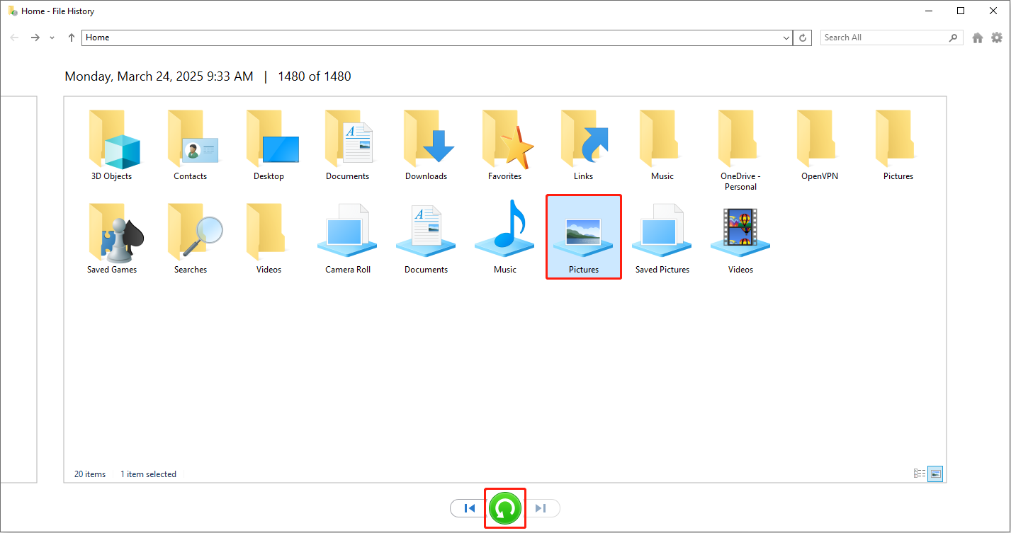 File History window showing all backup folders, with the Pictures folder and the Restore icon selected.