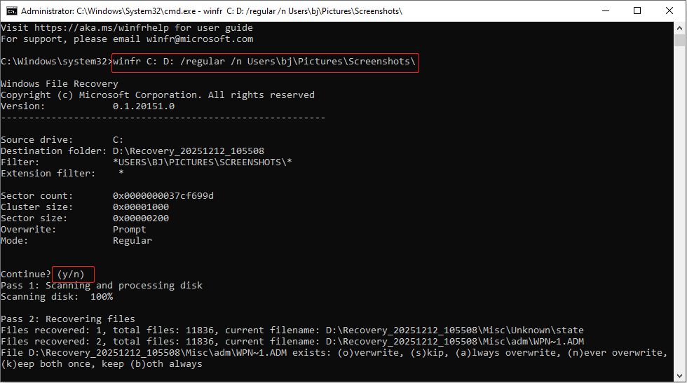 The Windows File Recovery window running winfr command shows how to restore lost screenshots to drive D.