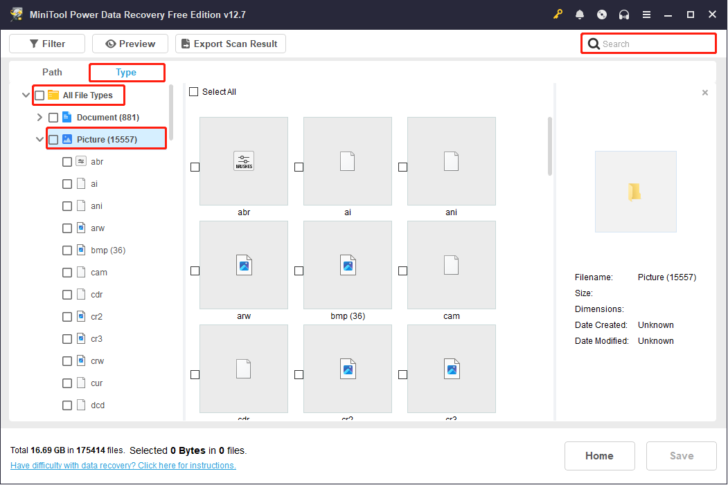 MiniTool Power Data Recovery scan results page with Type and Search selected shows how to find the target screenshots.