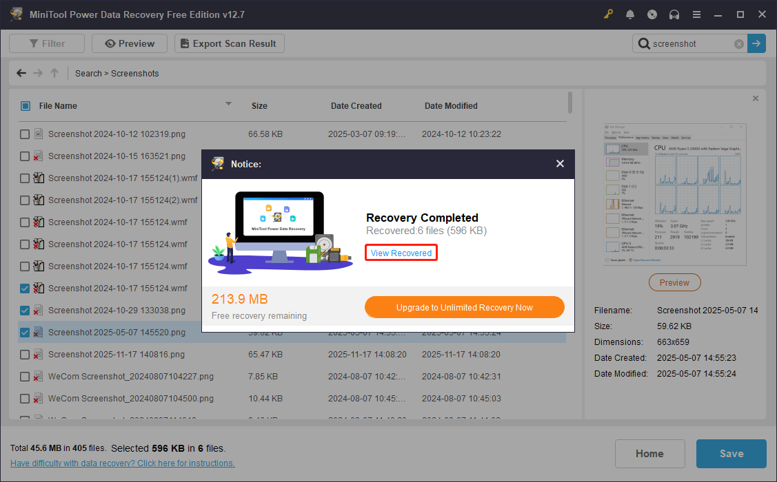 The Recovery Completed window with the View Recovered button selected in the MiniTool Power Data Recovery interface.
