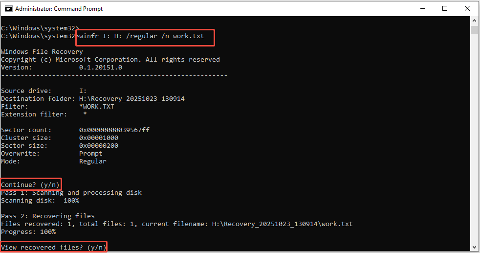 Windows File Recoveryでコマンドでファイルを復元する画面