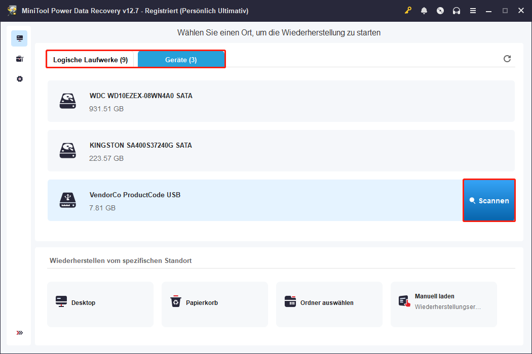 Externe-Festplatte-Auswahl und Start des Scanvorgangs in der Hauptoberfläche der Software