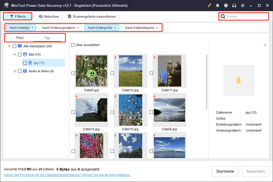 Die Funktionen Filtern, Suchen, Pfad und Typ in MiniTool Power Data Recovery