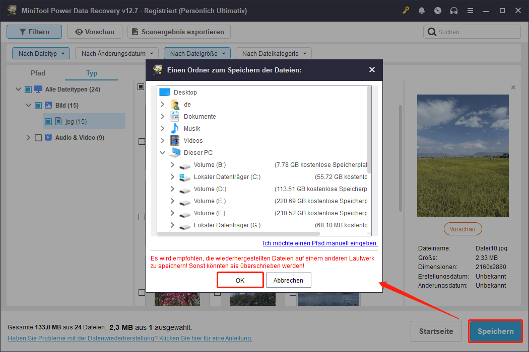 Auswahl der wiederhergestellten Dateien, Festlegen des sicheren Speicherorts und Speichern über die Software-Oberfläche