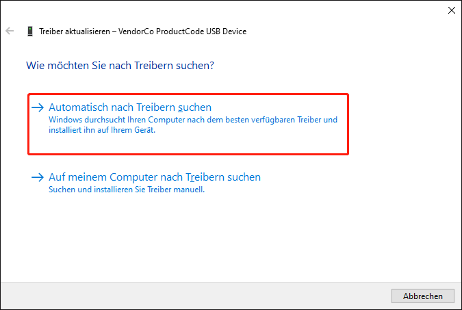 Die Oberfläche zum Aktualisieren von Festplattentreibern