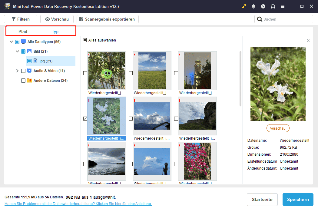 Die Funktionen Pfad und Typ in MiniTool Power Data Recovery