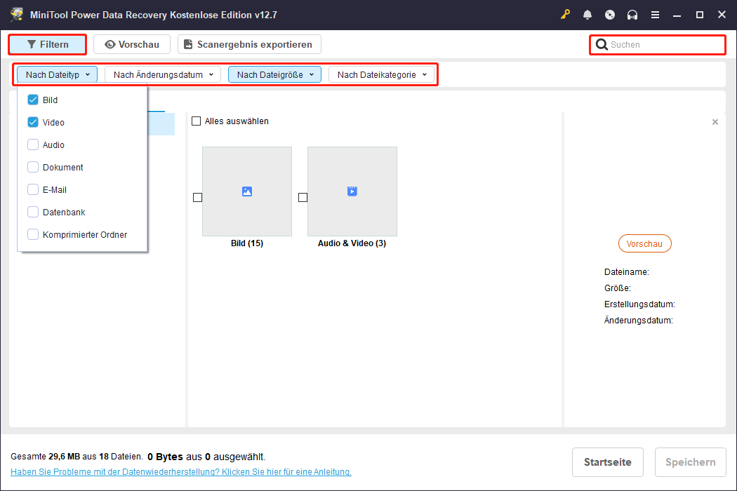 Die Funktionen Suchen und Filtern in MiniTool Power Data Recovery