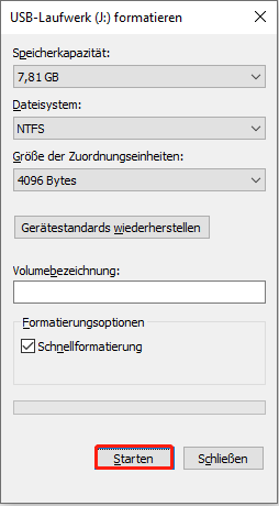 Formatierung der Speicherkarte.