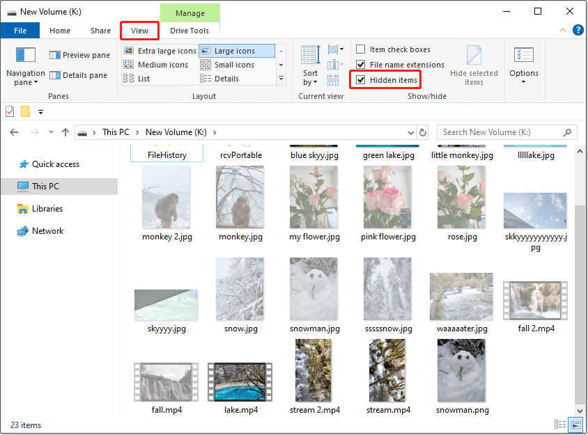 File Explorer interface opened to the View tab, with the Hidden items box checked, showing a lot of pictures and videos.