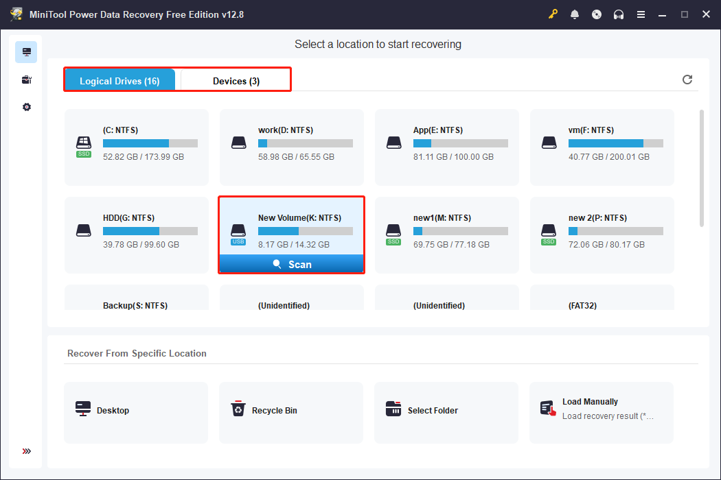 MiniTool Power Data Recovery window with the Logical Drives and Devices modules highlighted, and the Scan button selected.