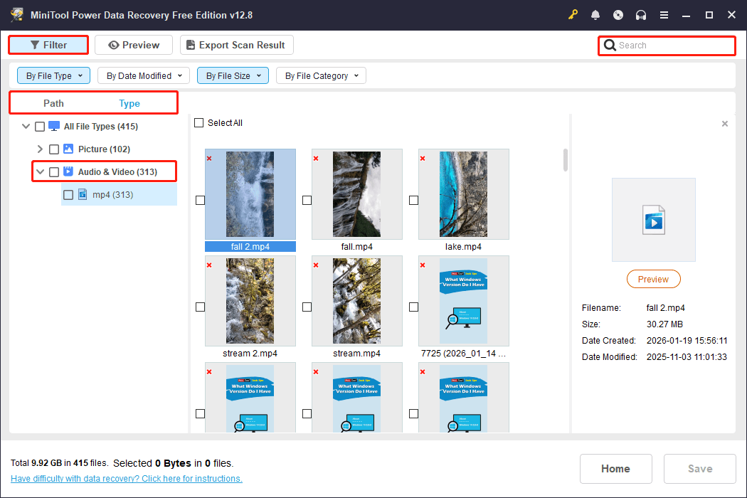 MiniTool Power Data Recovery interface with the Path, Type, Filter, and Search features highlighted, showing detected videos.