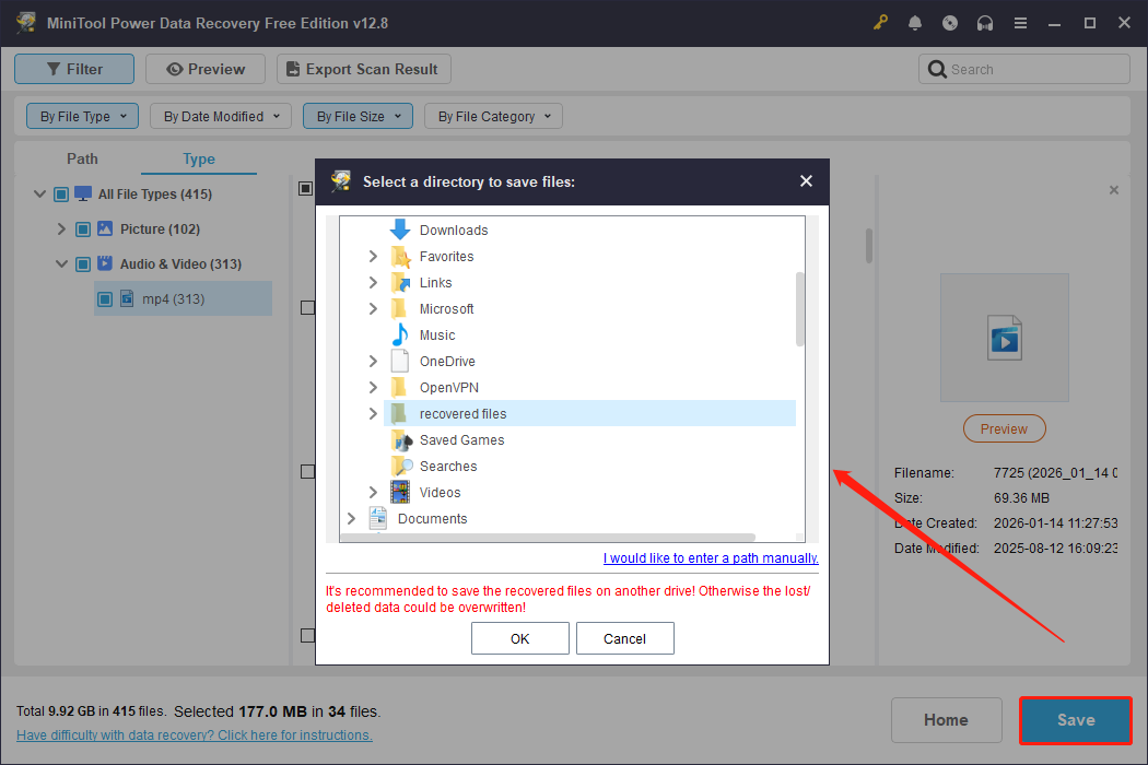 MiniTool Power Data Recovery interface with the Save button selected, showing an embedded window for save path selection.