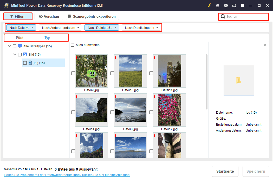 Scanergebnis-Oberfläche in MiniTool Power Data Recovery, mit hervorgehobenen Funktionen Pfad, Typ, Filtern und Suchen im oberen Bereich.