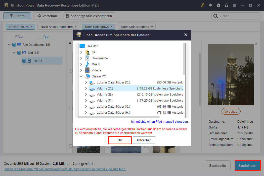 MiniTool Power Data Recovery-Oberfläche mit ausgewählter Schaltfläche „Speichern“, die ein Dialogfeld mit verfügbaren Speicherpfaden anzeigt.