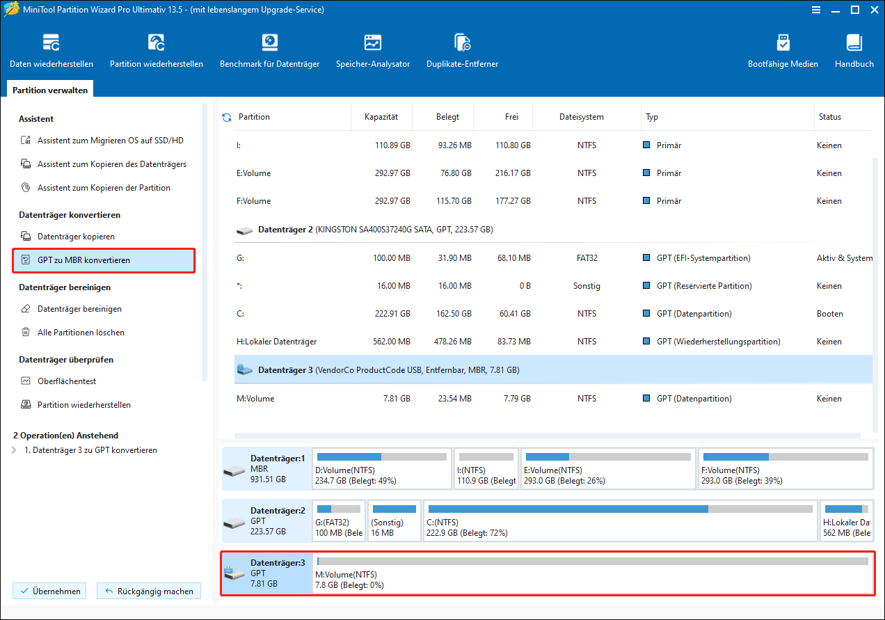 MiniTool Partition Wizard-Fenster mit einem rechts ausgewählten Datenträger und der links ausgewählten Option „MBR-Datenträger in GPT-Datenträger konvertieren“.