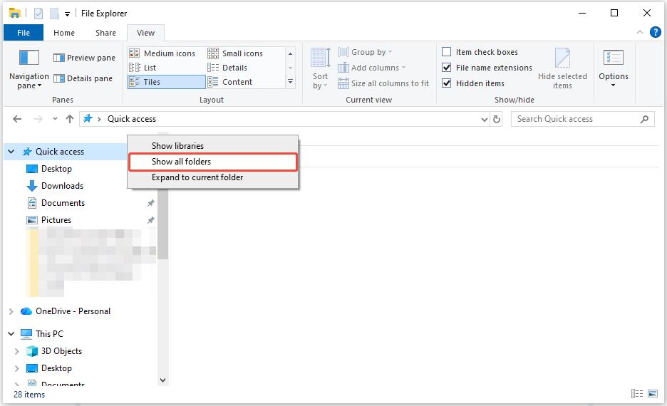 The File Explorer interface showing the Quick Access section and right-click menu, with Show all folders highlighted.