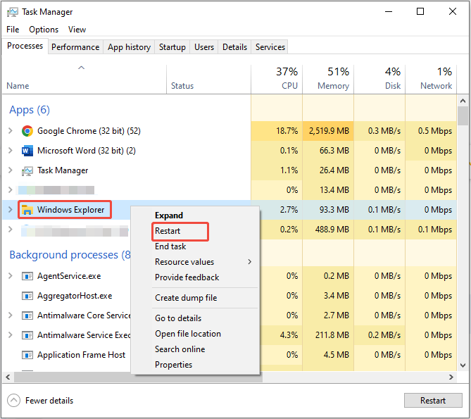 The Task Manager interface showing the running programs, with Windows Explorer and Restart highlighted.