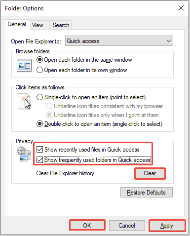 The General tab in Folder Options with Show recently used files in Quick access and Show frequently used folders selected.
