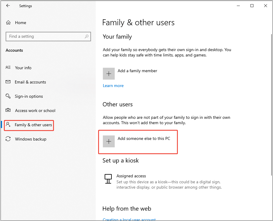 The Accounts Settings interface showing the Family and other users section, with Add someone else to this PC selected.