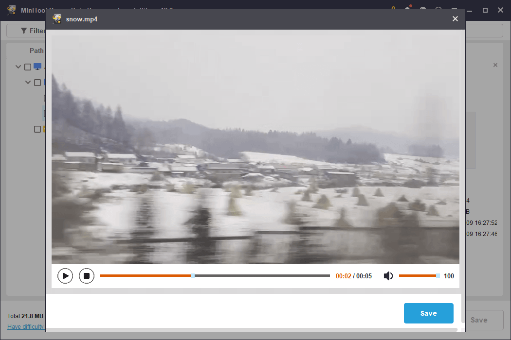 The preview interface in MiniTool Power Data Recovery showing a snow scene in the countryside for file verification.
