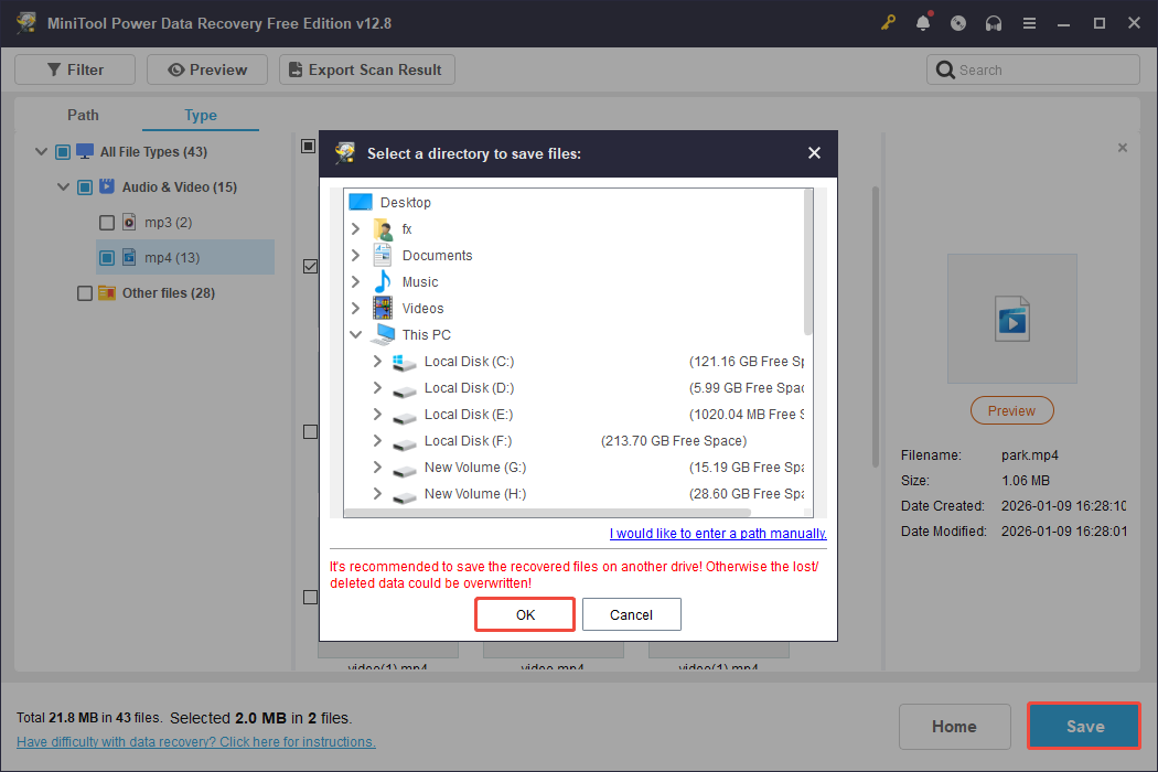 MiniTool Power Data Recovery interface displaying the save locations, with Save and OK highlighted.