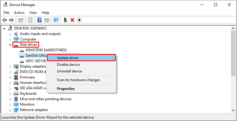 The Device Manager interface shows all disk drives with the target drive and the Update driver option selected.
