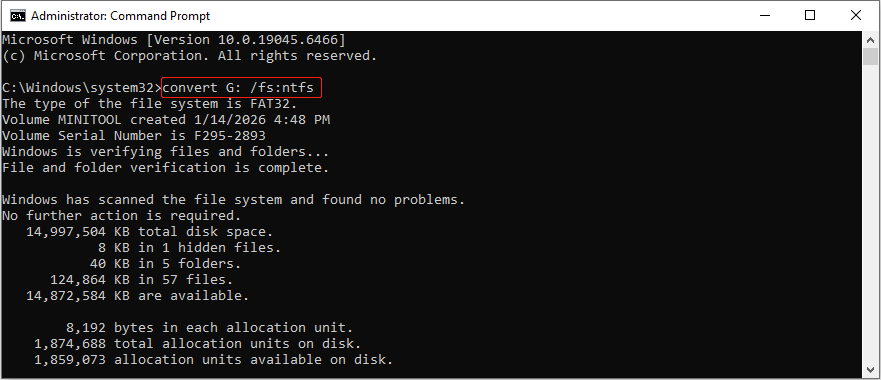 The Command Prompt window with the command running, showing how to convert FAT32 to NTFS.