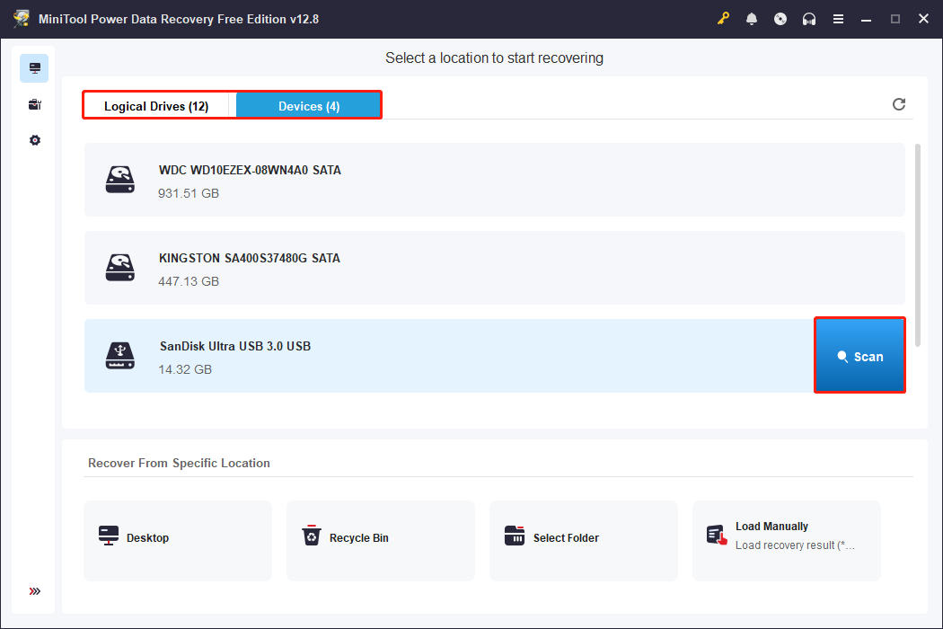 MiniTool Power Data Recovery interface shows Logical Drives and Devices with the Scan icon highlighted on the target disk.