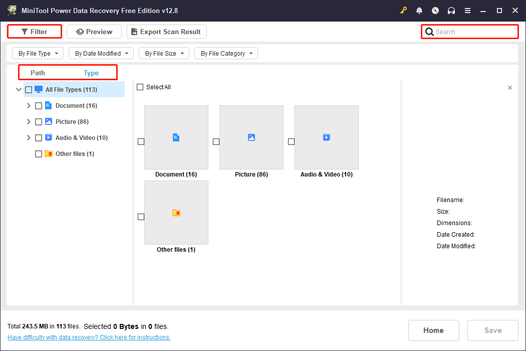MiniTool Power Data Recovery scan results page with the Path, Type, Filter, and Search selected, showing how to find files.