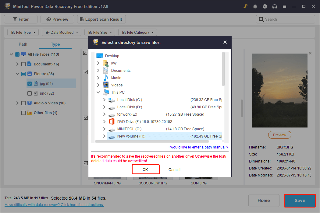 MiniTool Power Data Recovery interface showing all paths, with the Save button selected to save files to a specified path.