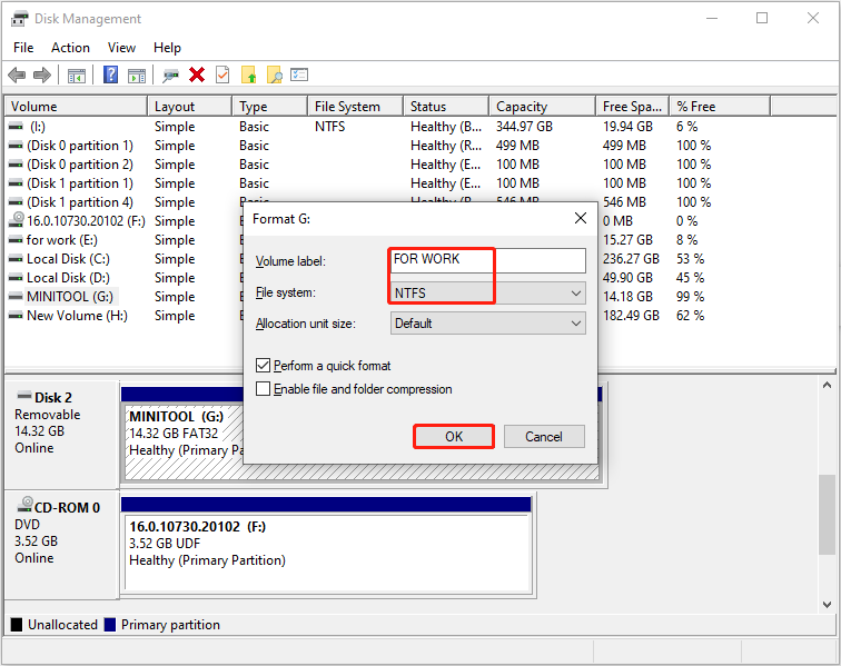 The Disk Management interface showing a format box with the volume label and file system selected.