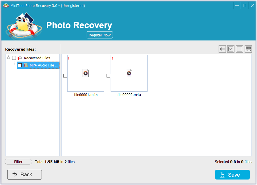The MiniTool Photo Recovery window displaying the scanned videos for MP4 and the recovery interface.