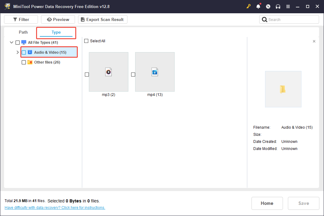 Type interface in MiniTool Power Data Recovery showing the file formats of audio and video, with Audio and Video selected.
