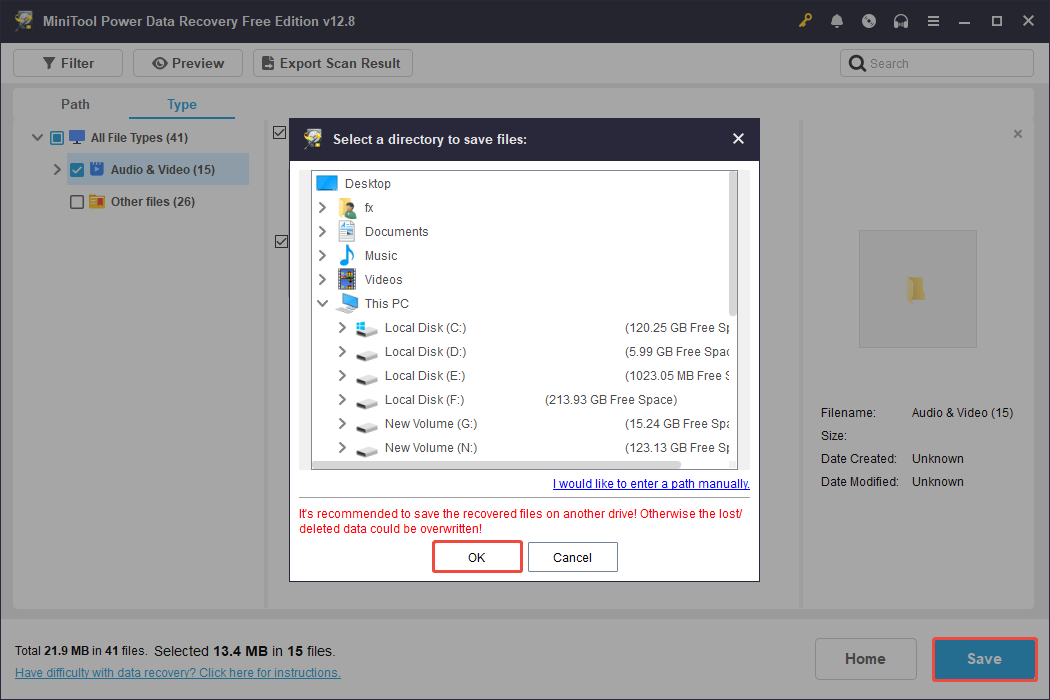 MiniTool Power Data Recovery interface showing the save location for recovered files, with Save and OK highlighted.