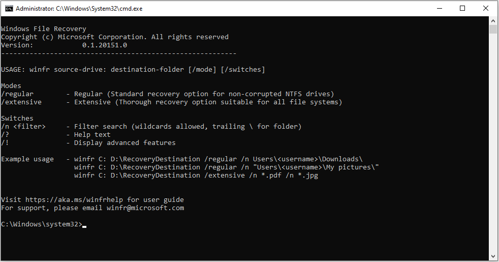 The Command Prompt interface of Windows File Recovery displaying the Windows recovery tool’s detailed information.