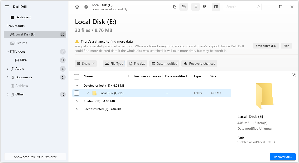 The Disk Drill interface showing the scan result for local disk E, and the file types are listed in the left panel.