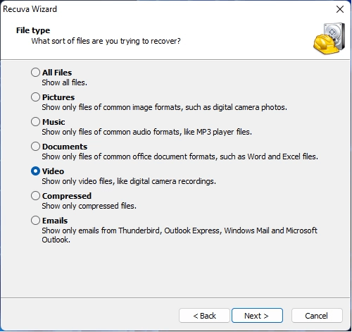 The Recuva Wizard interface showing the File type to scan and recover, with the Video type selected.