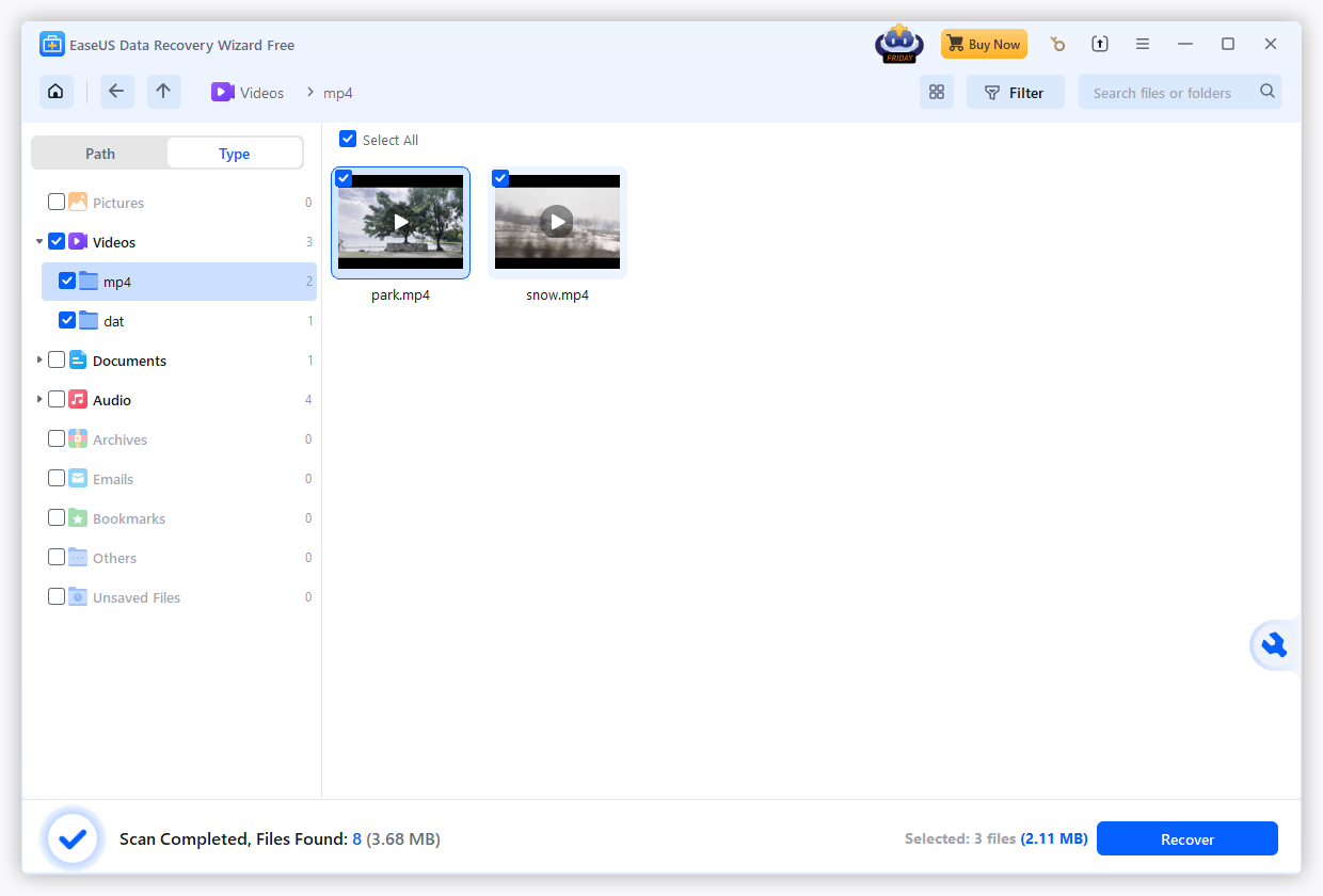 The EaseUS Data Recovery Wizard interface displaying the Videos type, with the desired videos checked.