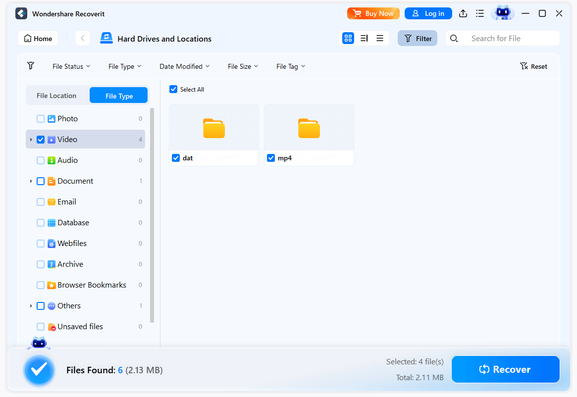 The Wondershare Recoverit interface displaying the File Type section and videos, with the Video type selected.