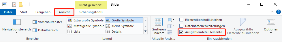 Registerkarte Ansicht in der oberen Symbolleiste des Datei-Explorers mit aktivierter Option Ausgeblendete Elemente.