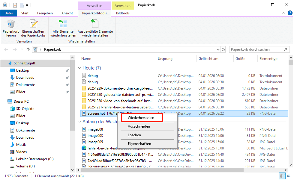 Papierkorb-Oberfläche mit aufgelisteten gelöschten Dateien, angezeigten Ziel-Screenshots und ausgewählter Option Wiederherstellen.