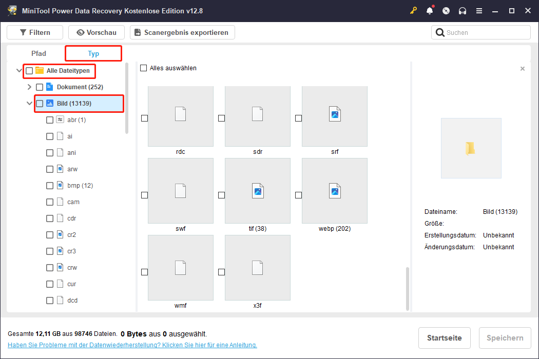 Ergebnisseite des Scans in MiniTool Power Data Recovery mit ausgewählten Registerkarten Typ und Suchen zur Auffindung der Ziel-Screenshots.