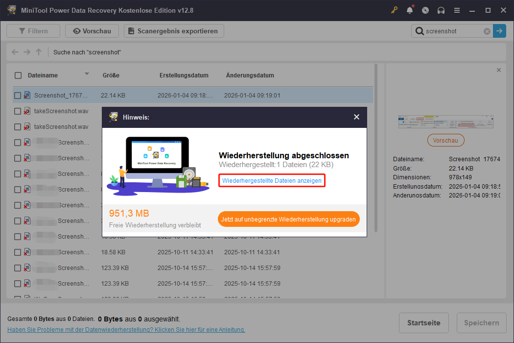 Fenster Wiederherstellung abgeschlossen mit ausgewählter Schaltfläche Wiederhergestellte Dateien anzeigen in der Benutzeroberfläche von MiniTool Power Data Recovery.