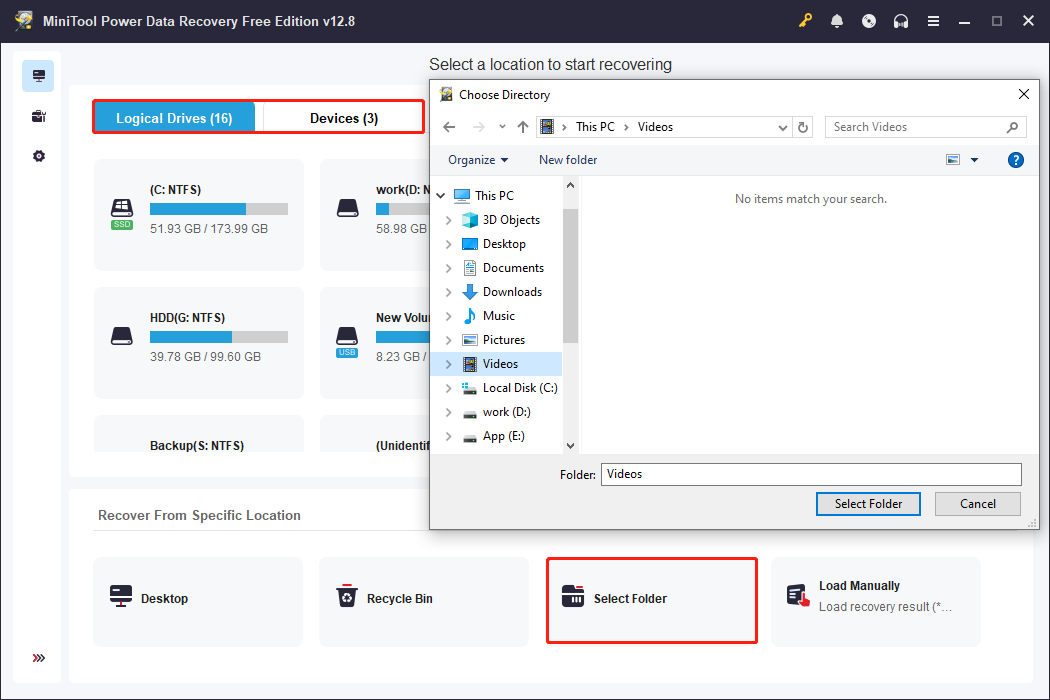 MiniTool Power Data Recovery interface with the Logical Drives, Devices, and Select Folder options highlighted.