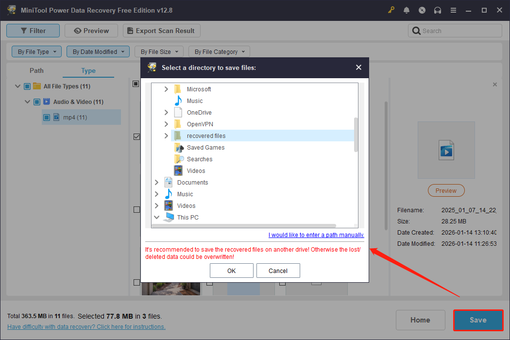 MiniTool Power Data Recovery interface showing a save path selection window after clicking the highlighted Save button.
