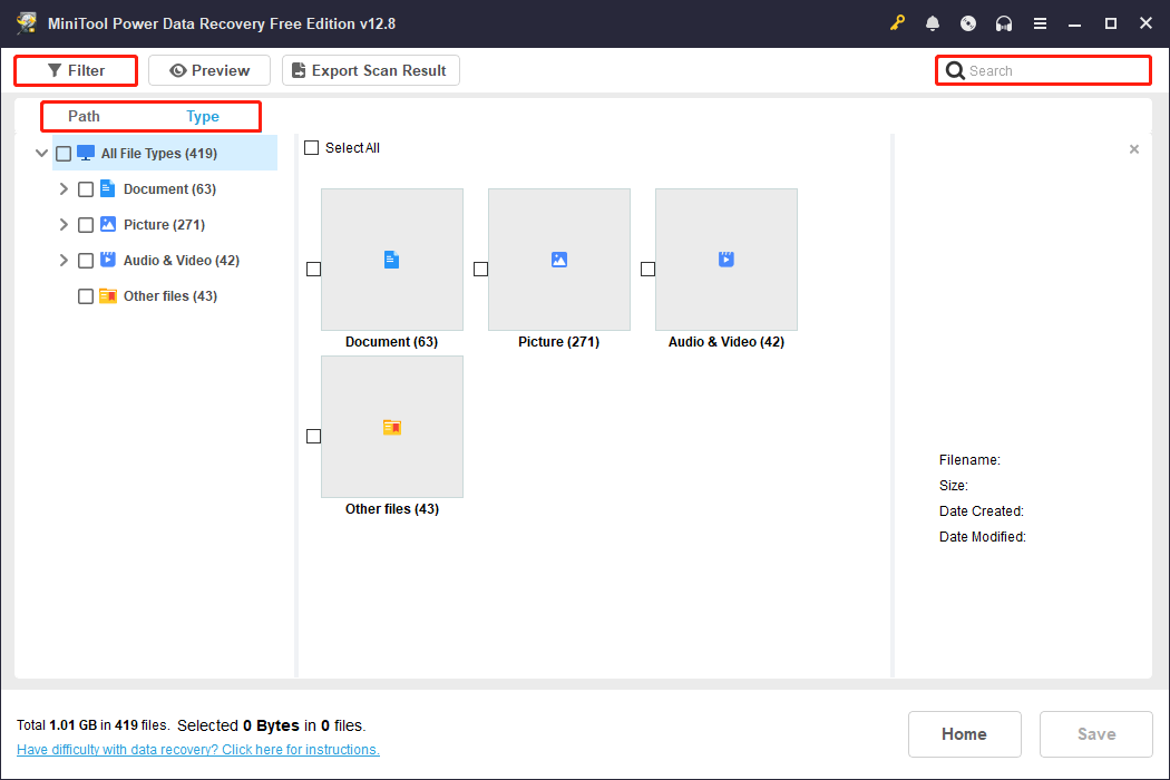 MiniTool Power Data Recovery scan results page showing Path, Type, Filter, and Search features to find the wanted files.