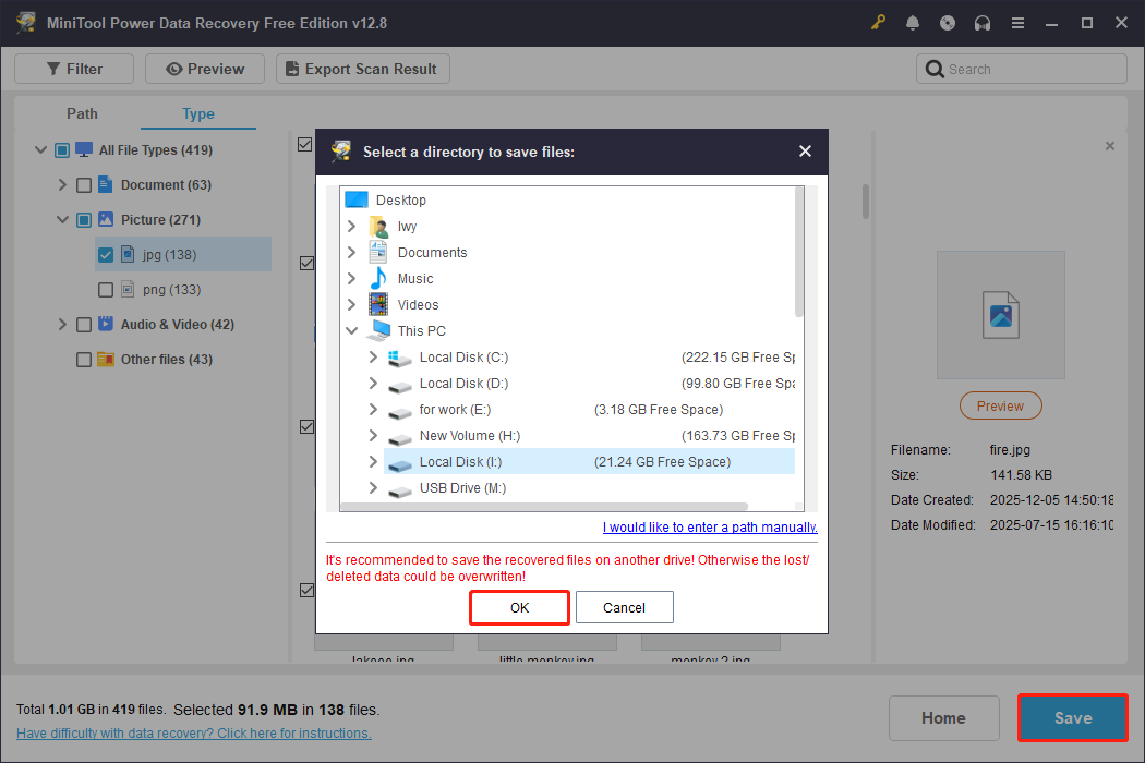 MiniTool Power Data Recovery interface with a window showing paths embedded and the Save button selected.